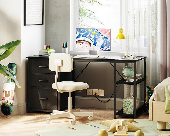 AODK 51 Inch Computer Desk with Drawers & USB Power Outlets | Reversible Home Office Desk with Storage Shelves, Work from Home, Modern Work/Writing/Study Table for Bedroom, Black - Image 7