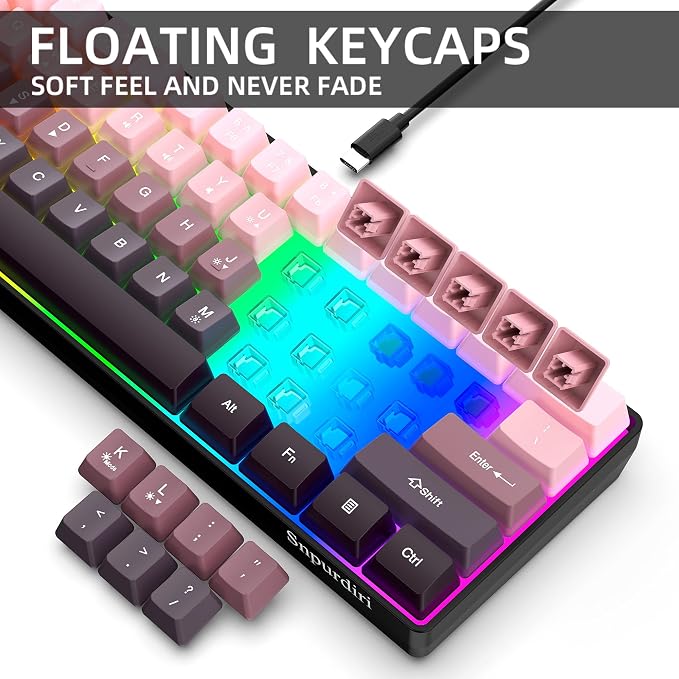 Snpurdiri 60% Wired Gaming Keyboard, Pink-Black | 61 Keys, RGB Backlit Ultra-Compact Small Gaming Keyboard for PC/Mac Gamer, Typist, Travel, Easy to Carry on Business Trip - Image 5