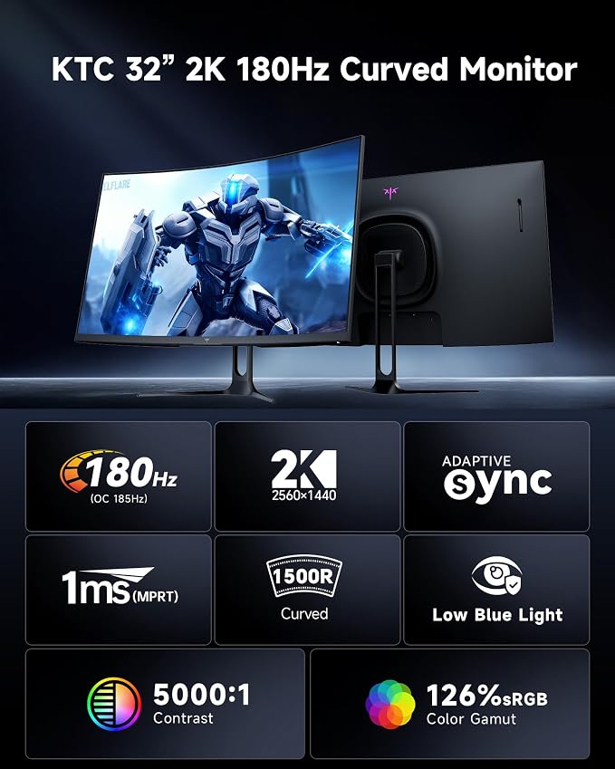 KTC 32 Inch Curved Gaming Monitor, QHD 2560x1440 180Hz Curve Monitors 1500R, Up to 185Hz, 1MS w/Adaptive Sync, 5000:1, HDMI Displayport, Tiltable, Eye Care, Vesa Mount H32S5 - Image 2