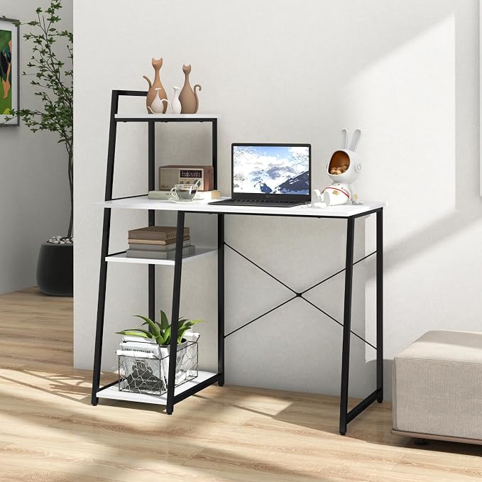 Giantex Computer Desk with Shelves, 47.5” Home Office Desk with Bookshelf, Host Stand, Metal Frame, PC Laptop Workstation, Modern Study Writing Desk for Bedroom, Small Space (White & Black) - Image 9