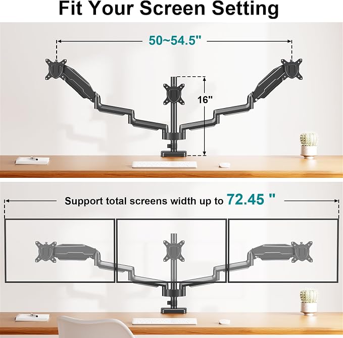 MOUNT PRO Triple Monitor Mount for 13-27 inch Screens, 3 Monitor Desk Mount, Height Adjustable Triple Display Stand, Full Motion Three Computer Arm Hold up to 17.6lbs Each, VESA 75x75, 100x100 - Image 4