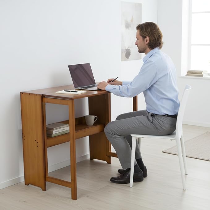 Wood Foldable Desk,Space Saving Foldable Table Bamboo Folding Desk Study Table with Bookshelf for Office Home Study Bedroom - Image 5