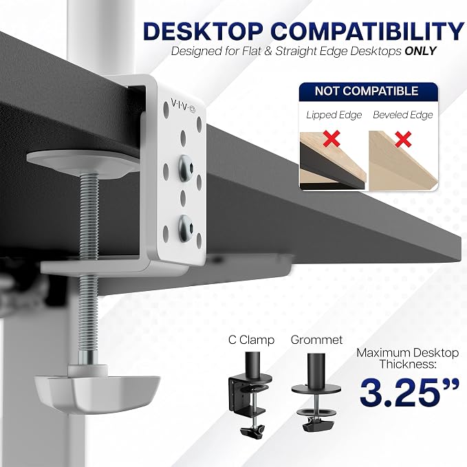 VIVO Dual Monitor Desk Mount for 13 to 30 inch Screens, STAND-V002W | White, Articulating, Adjustable Monitor Arm, Grommet or C-Clamp Mounting, Computer Stand for 2 Monitors, Holds 22 lbs Each - Image 6