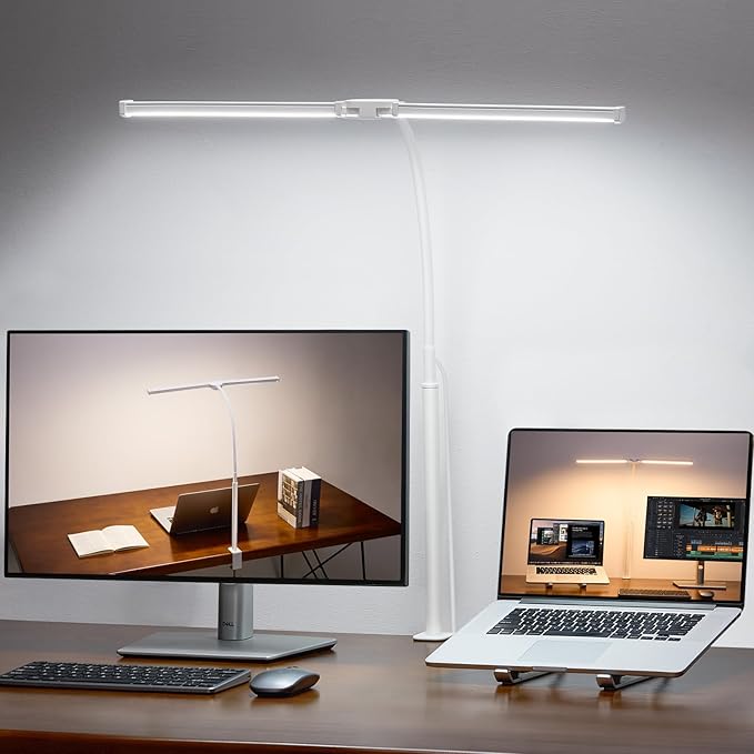 Voncerus LED Desk Lamp for Home Office, Double Head Desk Light with Clamp | 3 Modes 10 Brightness, Long Flexible Goose-Neck, Eye-Caring, Memory Function, Energy Efficient, USB Adapter, Metal, White by Voncerus
