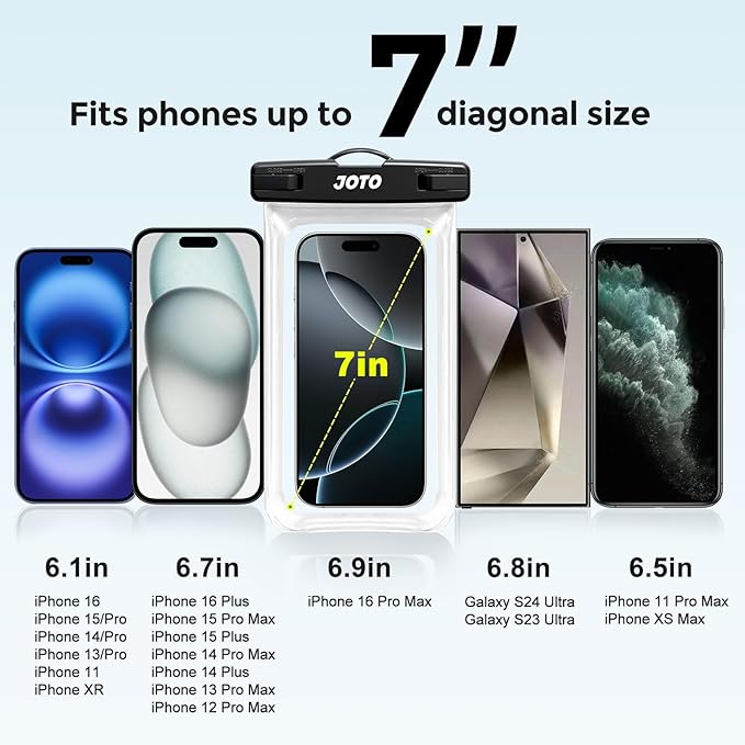 JOTO Up to 7" Universal Waterproof Phone Case for iPhone 17 Air 16 15 14 13 12 11 Plus Pro Max, IPX8 Cellphone Dry Bag XR X SE, Galaxy S23 S22 S21 S20+ S20 S10 Plus Note, Pixel -Clear - Image 2