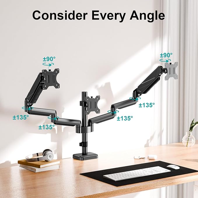 MOUNT PRO Triple Monitor Mount, 3 Monitor Desk Arm fits Three Max 27" LCD Computer Screens, up to 17.6lbs Each, Premium Gas Spring Display Stand with Tilt Swivel Rotation, Vesa Mount 75x75,100x100 - Image 7