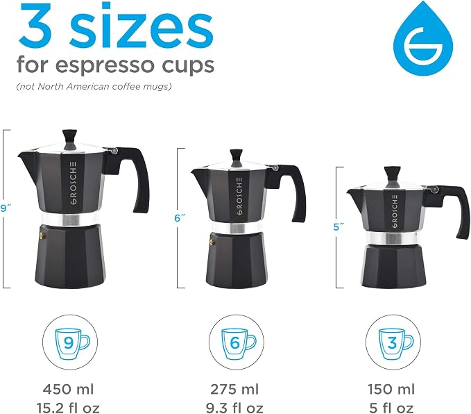 GROSCHE Milano Stovetop Espresso Maker Moka Pot 6 espresso Cup, 9.3oz Black | Cuban Coffee Maker And Italian Moka Pot For Stovetop Espresso; For Gas, Electric, And Propane Stoves With A Soft-Touch Handle - Image 4