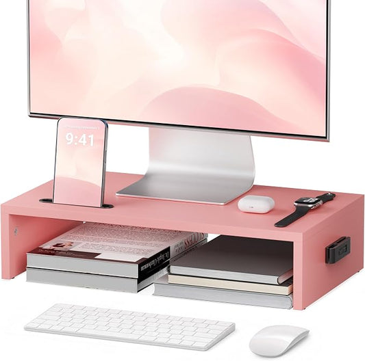 BONTEC Monitor Stand Riser with Cellphone Holder & Cable Management | 16.7 Inch Wood Monitor Riser Stand, Desktop Stand for PC/TV/Laptop/Printer, Pink by BONTEC