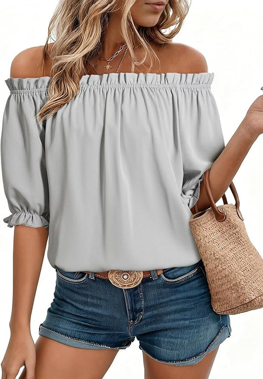 EVALESS Womens Tops Off The Shoulder Blouses for Women Dressy Casual Cute Puff Sleeve T Shirts Fashion 2026 by EVALESS