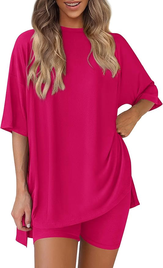 PRETTYGARDEN Women 2 Piece Lounge Set 2026 Summer Casual Oversized Shirts Biker Shorts Matching Airport Travel Outfit Clothes by PRETTYGARDEN