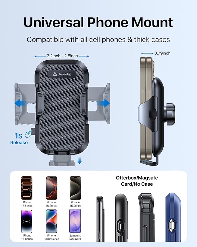 andobil Car Phone Holder, 2026 Military-Grade 89lbs Strongest Suction Phone Holders for Your Car Dashboard/Windshield/Vent Easy Clamp Car Phone Mount Stand for iPhone 17 16 15 14 13 Pro Max Samsung - Image 5