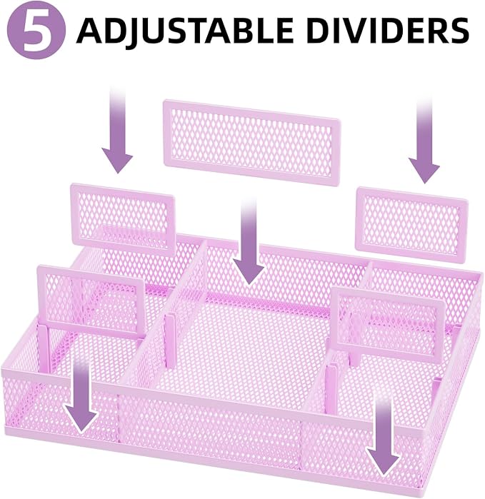 Marbrasse 2 Pack Desk Drawer Organizer, Mesh Drawer Organizer Tray with 8 Adjustable Compartments, Desk Organizers and Accessories, 5 Dividers Drawer for Office Supplies, Makeup & Vanity (Purple) - Image 2