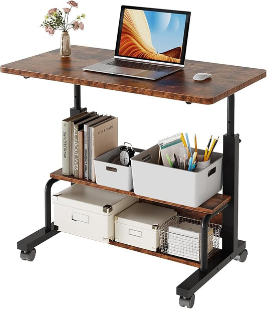 DUMOS Rolling Desk, Storage Shelves, Laptop Table, Home Office | Height Adjustable Design, Computer Desks on Wheels, Portable for Small Spaces Use, White by DumosLifestyle