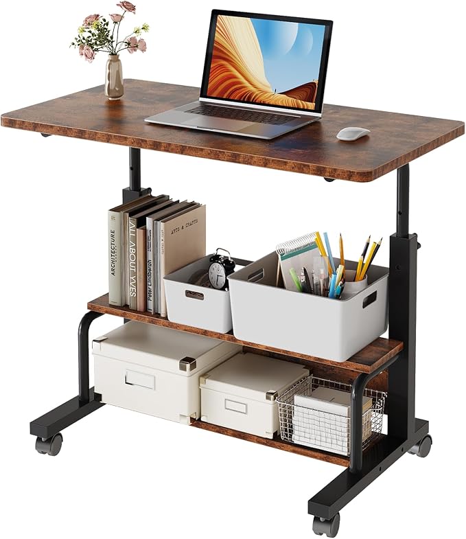 DUMOS Rolling Desk, Storage Shelves, Laptop Table, Home Office | Height Adjustable Design, Computer Desks on Wheels, Portable for Small Spaces Use, Rustic Brown by DumosLifestyle