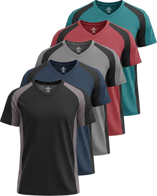 5 Pack Men's Dry Fit V Neck Gym Workout T Shirts Athletic Moisture Wicking | Cooling, Quick Dry, Breathable, Short Sleeve, Exercise, Cycling, Sports, Outdoor, Fitness, Golf, Crossfit, Hiking, Tennis by RealEssentials