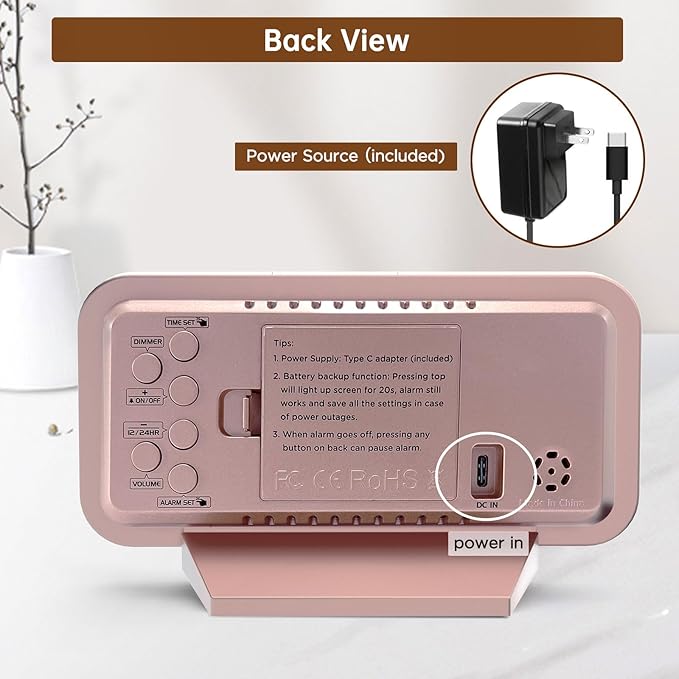 Peakeep Slim Digital Mirror Aesthetic Alarm Clock for Bedrooms Desk Decor | Plug in Electric Big LED Modern Small Clock for Office Living Room, Battery Backup, 6 Dimmers (Rose Gold) - Image 6