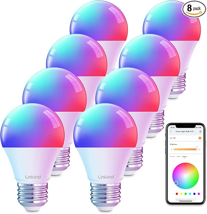 Linkind Smart Light Bulbs, Work with Alexa, Google Home, AiDot | Led Color Changing Light Bulb RGBTW, 2.4G WiFi+Bluetooth, 104 Preset Scene, Music Sync, DIY, Dotis, A19 E26, 60W 800LM, 8Pack by Linkind