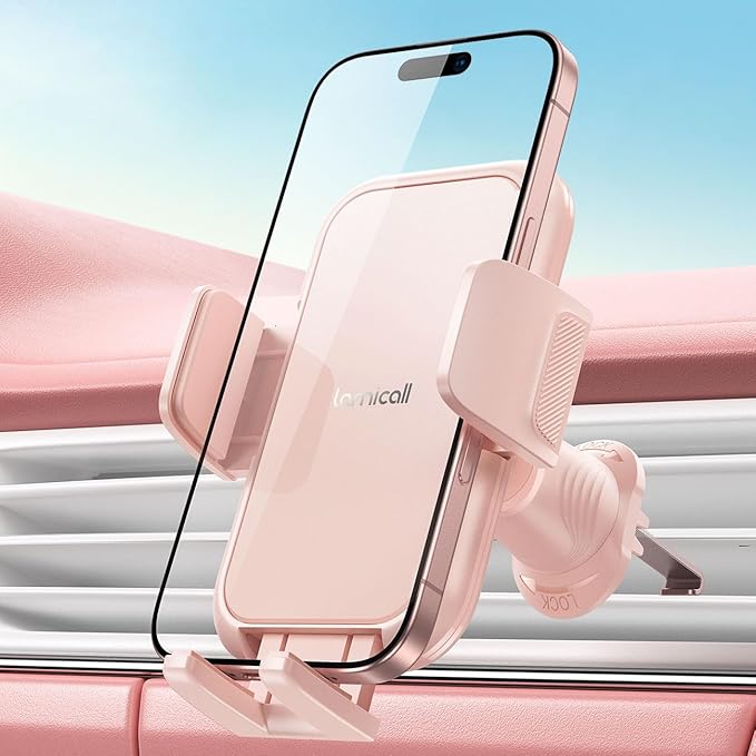 Lamicall 2026 Wider Clamp & Metal Hook Car Phone Holder Vent [Thick Cases Friendly] Phone Holders for Your Car Mount Automobile Hands Free Cradle Air Vent for iPhone 17 16 15 14 13 Pro Max Pink by Lamicall