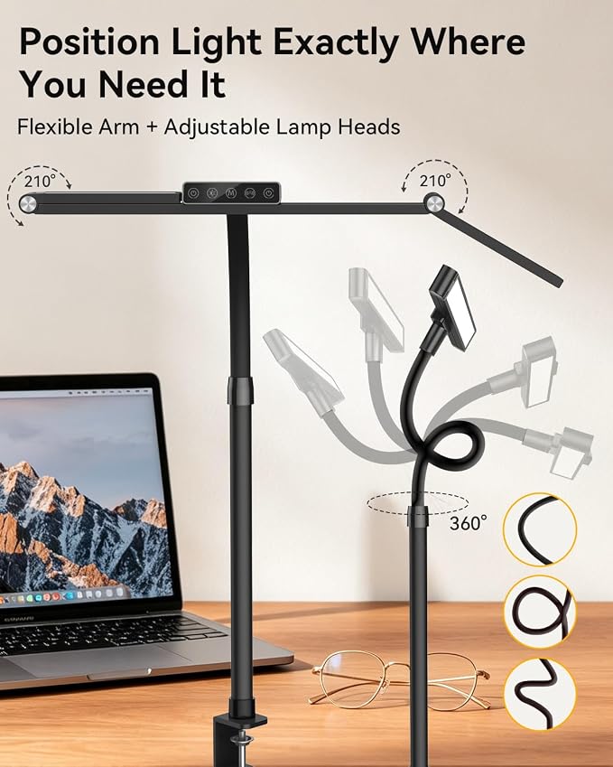 LED Desk Lamp Clamp 24W Adjustable Neck Touch Remote Control | 24W Ultra Bright LED Lighting, Flexible Adjustable Clamp Design, Flexible Adjustable Clamp Design - Image 7