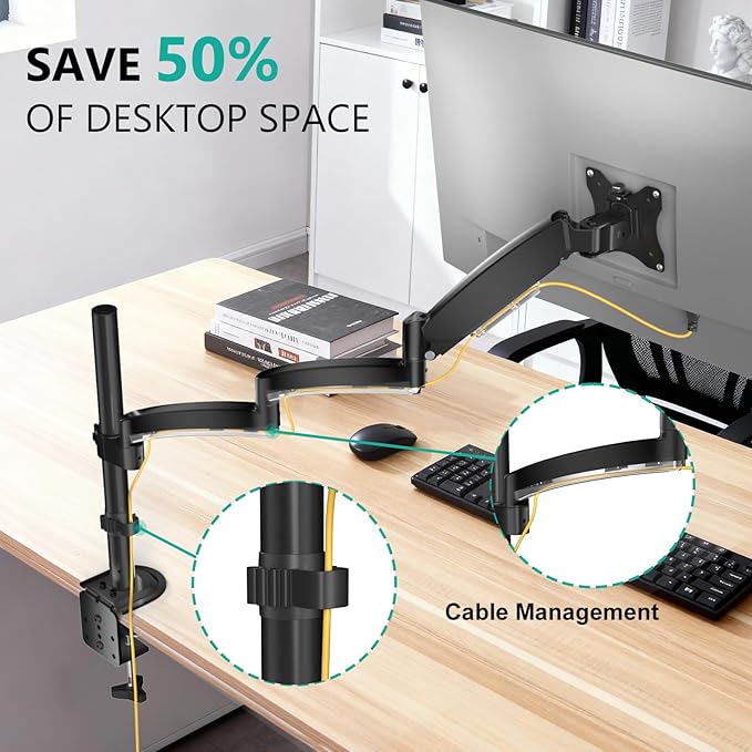 WALI Single Long Monitor Arm - Computer Monitor Arm Desk Mount for 13-32 inch, Hold up to 19.8lbs, Extra Long Adjustable Stand, Full Motion Tall Arm, VESA 75/100mm, (GSDM001L) - Image 5