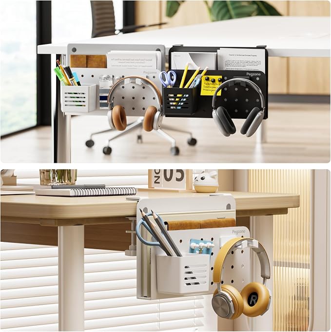 PEGZONE Desk Side Storage Organizer, Fits Flat Edge 0.4" to 2.2", White | No Drill Under Desk Laptop Holder, Clamp on Desks Shelf with Pegboard Accessories, Hanging Laptop Mount - Image 8