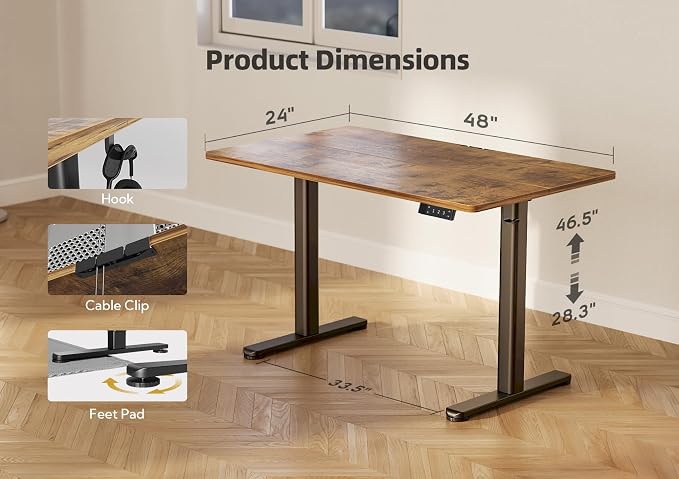 YDN 48 x 24 Inch Rustic Brown Electric Standing Desk | Adjustable Height, Sit Stand, Cable Management, Ergonomic, Home Office - Image 3