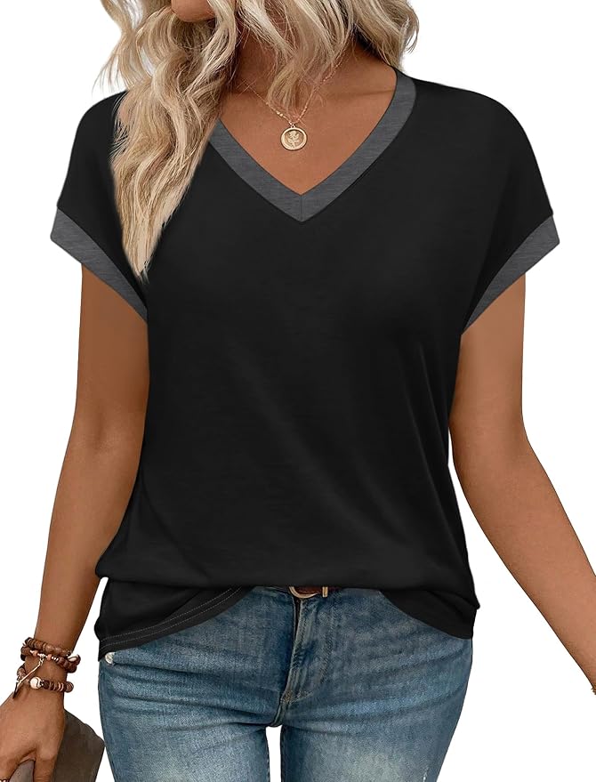 WIHOLL Womens Summer Tops 2026 Cap Short Sleeve Shirs V Neck T Shirts Fashion Beach Vacation Clothes Color Block - Image 2