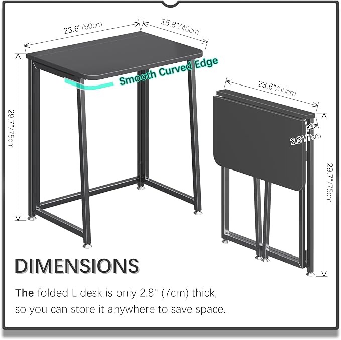 4NM 23.6" Mobile Small Folding Desk, Foldable Rolling Computer Home Office Desk, Study Writing Table for Small Space Saving Bedroom, with Wheels - All Black - Image 2