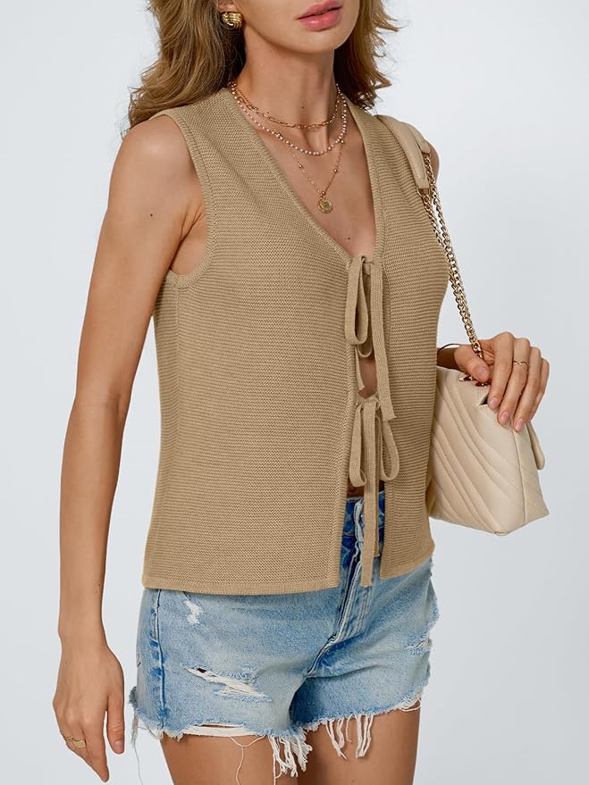 LILLUSORY Womens Tie Front Tops Vacation Sweater Vest | Bohemian Style, Beach Resort Wear, Concert Western Outfits, Crochet Tops, Vacation Outfits, Cute Y2k Sleeveless 2026 - Image 3