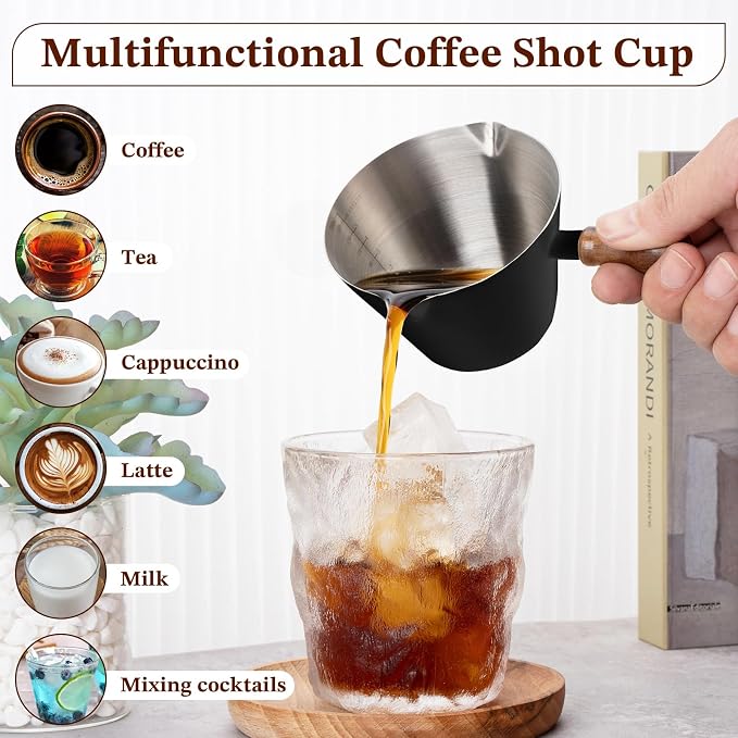 Amrules Espresso Cup, 6.8 oz/200 ml Stainless Steel Coffee Shot Measuring Cup with Wood Handle, Double V-Shaped Mouth and Clear Scale for Cappuccino Barista Coffee Bar Accessories, Black - Image 6