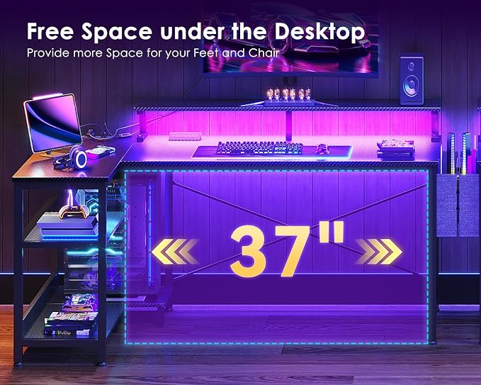 ODK 48 Inch L Shaped Gaming Desk with LED Lights, Power Outlets, Black | Adjustable Monitor Stand, Open Storage Shelves, Hanging Side Bag, PC Tower Stand, Reversible Layout for Gaming - Image 4