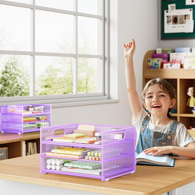 Subekyu 2-Pack 3-Tier Purple Metal Mesh Desk Paper Letter Tray & File Sorter Organizer with Handle + 1 Sliding Tray for Desk, Home, Office, School Supplies, A4 Paper and Accessories Storage - Image 4