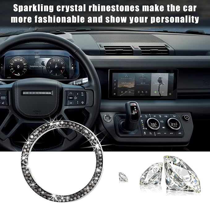 Kewucn Bling Crystal Double Rhinestone Car Engine Start Decoration Ring, Sparkling Push Start Button Sticker, Key Ignition & Knob Ring Decoration, Bling Car Interior Accessory (Bright Black) - Image 5