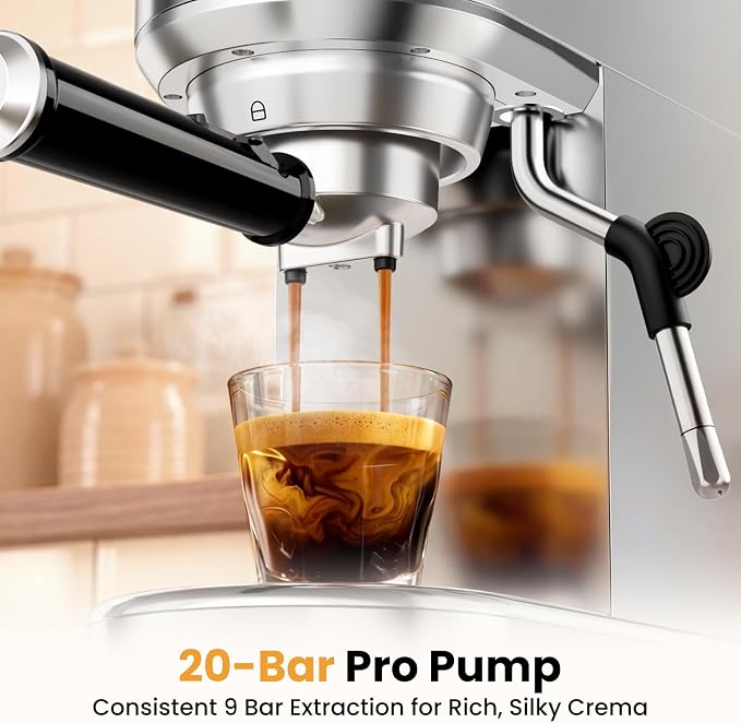 Espresso Machine 20 Bar, Compact Espresso Coffee Machine with Milk Frother, Stainless Steel Coffee Maker with 34oz Removable Water Tank, Cappuccino Machine for Home, Office, Latte (Silver) - Image 3