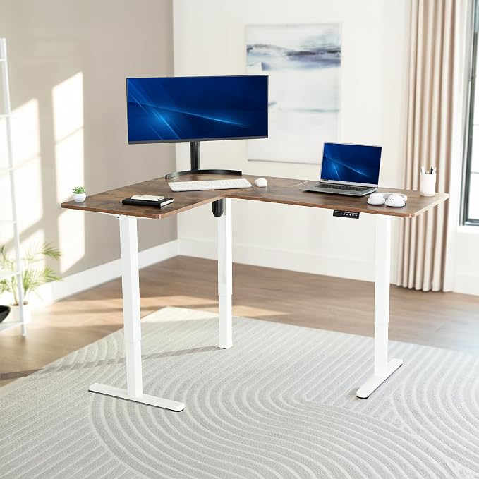 VIVO Vintage Brown 63 x 47 in Corner Standing Desk, DESK-E3CTWN-47 | Electric, Reversible L-Shaped Table, Sit Stand, Height Adjustable, Memory Controller, Office Furniture Sets, White Frame - Image 2