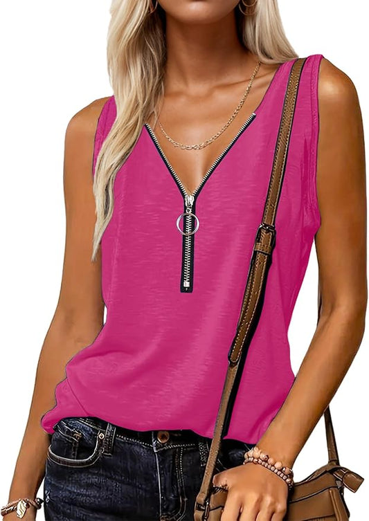 Halife Womens Half Zip V Neck Tank Tops Summer Sleeveless Shirts Casual Loose Top Blouses T Shirts by Halife