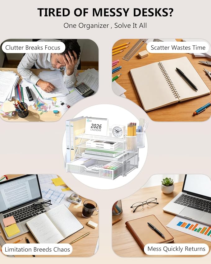 WALI Desk File Organizer, 4 Tier Desktop Paper Letter Tray Organizer with Drawer and 2 Pen Holders, Office Desk Accessories & Workspace Organizers for Office, Home Supplies(DO005DH-W), 1 Pack, White - Image 3