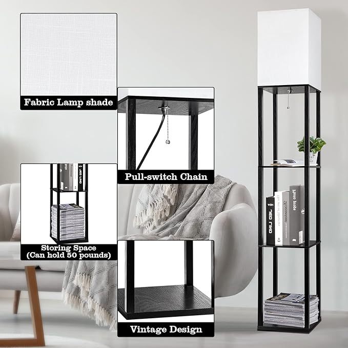 RUNTOP Floor Lamp with Shelves, Shelf Lamp with 3 Color Temperature LED Bulb,Floor-Lamp for Living Room, Modern Tall Standing Display Shelf Floor Lamps for Bedroom, Office (Black) - Image 5
