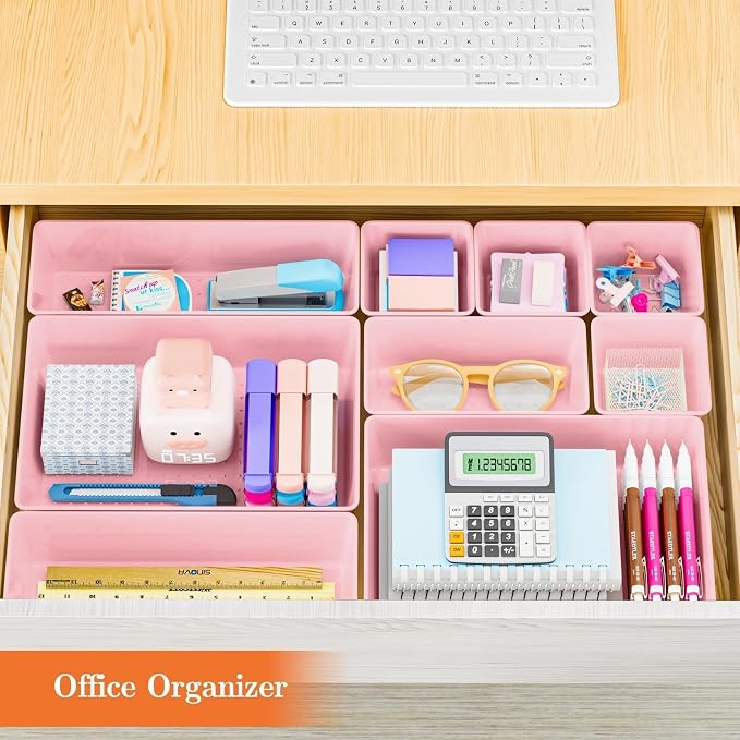 SpaceHacks 25 PCS Plastic Drawer Organizer Set, 4-Size Versatile Organizer Trays & storage Bins for Makeup, Jewelry, and Gadgets in Bathroom, Bedroom and Office, Pink - Image 6