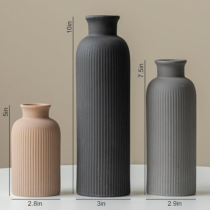 Modern Ceramic Vase Set, Black Ribbed Matte Design, 3-Piece Decorative Vases for Home, Living Room, Office (Black Mix) - Image 8