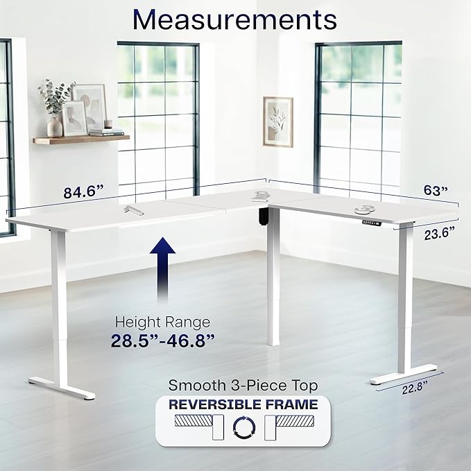 VIVO White 84 x 63 in Corner Standing Desk, DESK-E3CTWW-84 | Electric, Large Reversible L-Shaped Table, Sit Stand Height Adjustable, Memory Controller, Office Furniture Sets, Black Frame - Image 5