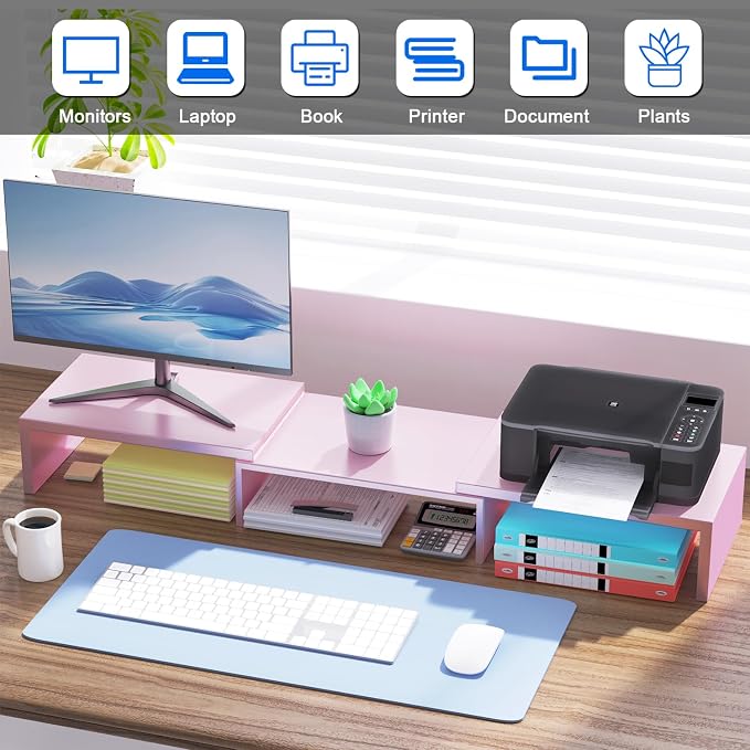 Dual Monitor Stand for Desk, Metal Monitor Riser, Pink office Supplies and Accessories (Pink) - Image 3