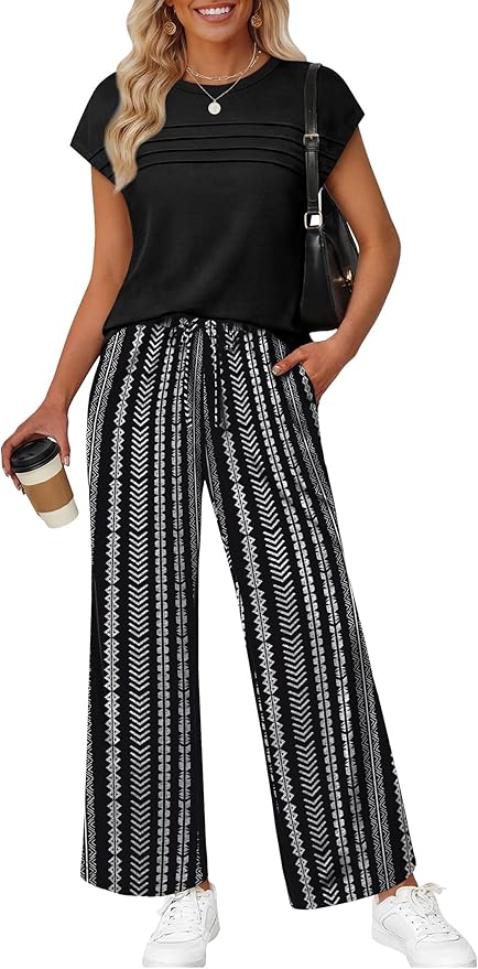 WIHOLL Two Piece Set for Women Summer Spring Outfits Matching Sets Women Clothing Airport Travel Vacation Wide Leg Pants by WIHOLL