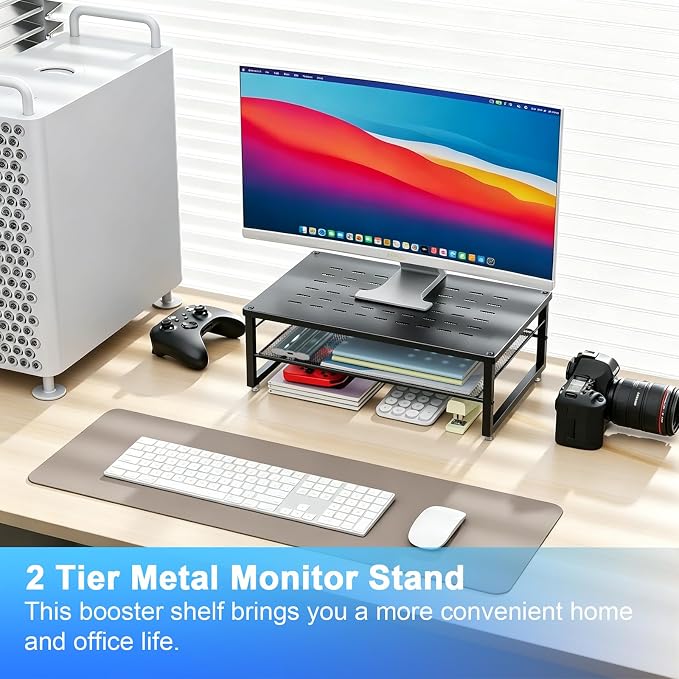 gianotter Desk Organizers and Accessories, 2-Tier Metal Monitor Stand Riser, Desk Organizer for Monitor, Office Desk Storage Organizer for Office Supplies (Black) - Image 2