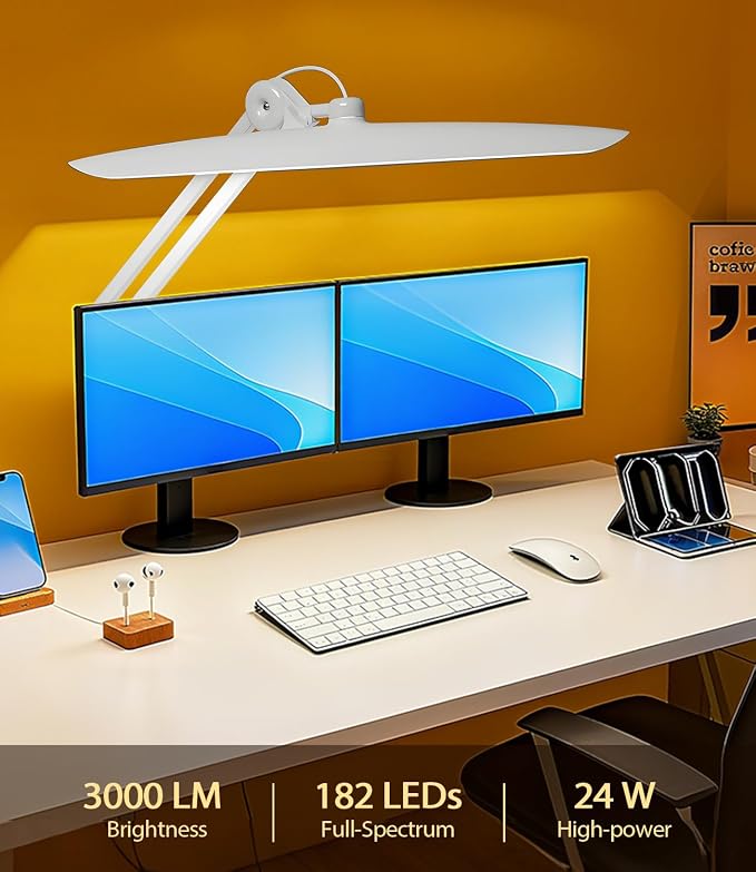 Led Desk Lamp with Clamp, Eye Caring Architect Desk Light for Home Office, Dual Screen Computer Monitor Gooseneck Adjustable Arm 20" LED Lamp, Stepless Dimming, for Nails &Salon, Reading, Workbench - Image 7