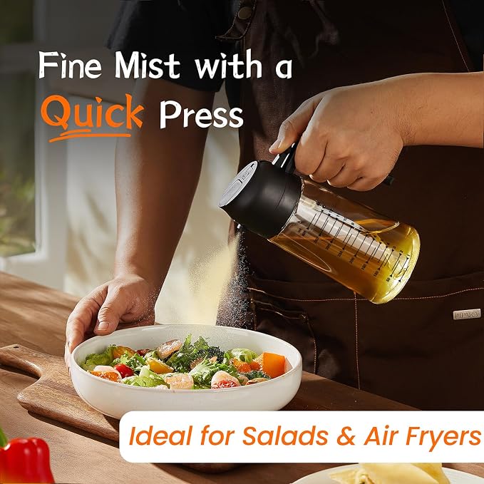TrendPlain 16oz/470ml Glass Olive Oil Sprayer for Cooking – 2 in 1 Olive Oil Dispenser Bottle for Kitchen Gadgets and Air Fryer Accessories, Salad, BBQ - Black & Green - Image 2