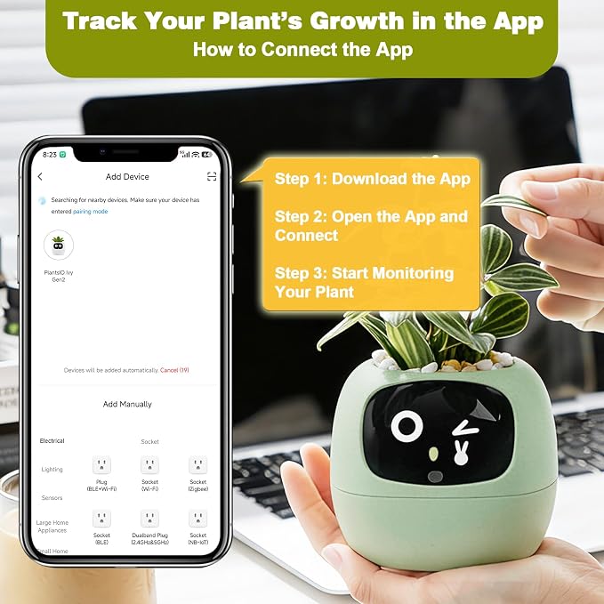 Upgraded AI Smart Flower Pot Multi-Emotion Interactive Digital Display Self Watering Planter, Monitor Soil Moisture/Water Level/Light/Battery, Supports 50+ Plants Decor for Desk Home Pet Office(Green) - Image 2