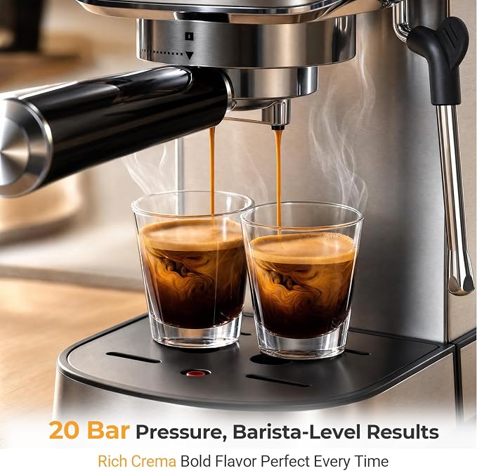 Oaomi Espresso Machine 20 Bar, Compact Expresso Coffee Machines with Milk Frother,Stainless Steel Espresso Maker with 39oz Removable Water Tank for Latte Cappuccino etc (Silver) - Image 3