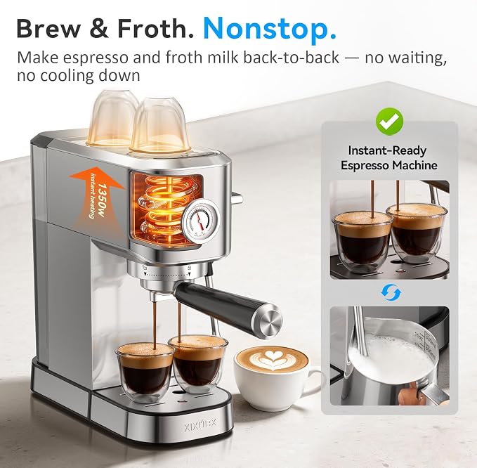 XIXUBX Espresso Machine with Milk Frother for Cappuccino & Latte for Home | 20-Bar Pump, Built-in Pressure Gauge, Powerful Steam Wand, Milk Frothing Pitcher, 42 oz Removable Water Tank, Stainless Steel - Image 5
