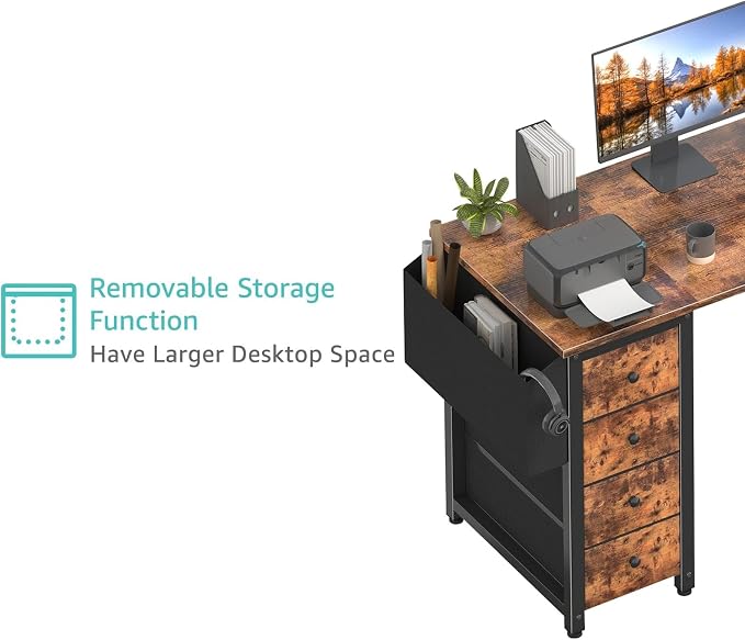 Lufeiya L Shaped Computer Desk with Drawers & Storage Shelves, 63 Inch Corner Desk with Power Outlet for Home Office Bedroom, L-Shaped Teen PC Gaming Desks with Fabric Drawer, Rustic Brown - Image 8